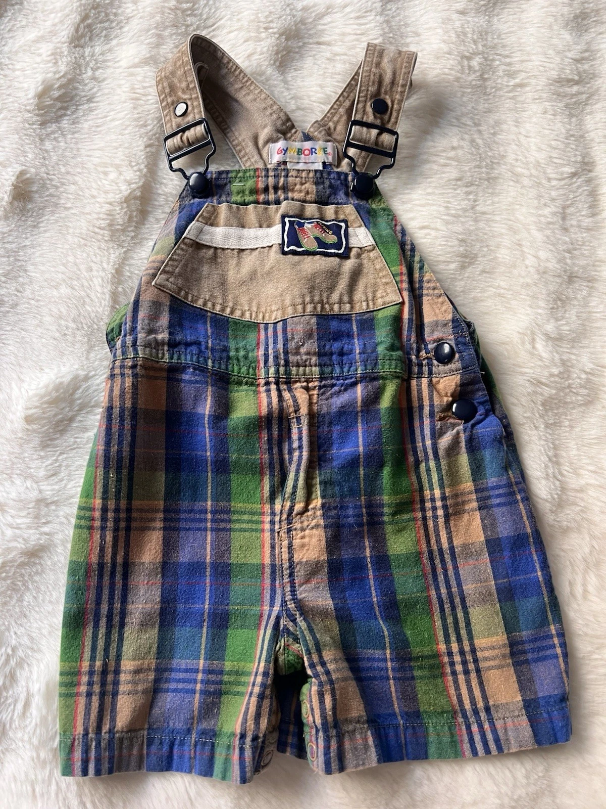VTG Gymboree Rainbow Tag Overalls Outdoors Hiking Plaid Blue Print 90s Size XS