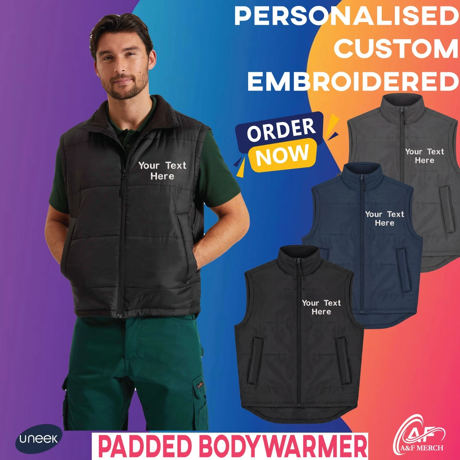 Personalised Embroidered Uneek Padded Bodywarmer Gilet Workwear Vest