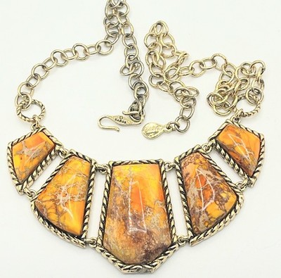 Barse Necklace With Orange Brown Yellow Jasper Stone Gold Tone