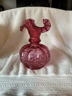 Vintage Fenton Cranberry Pink Melon Beaded Dot Glass With Ruffled Rim 6 In Vase.