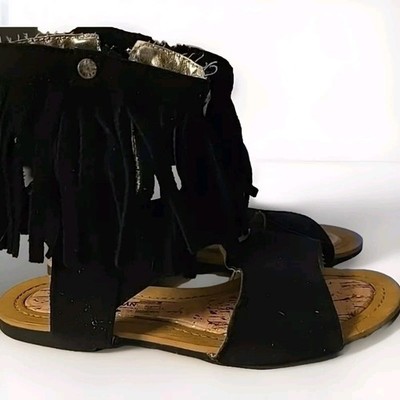 Stuart Weitzman Girls Suede Camia Fringe Black Sandals  Roman Size 13