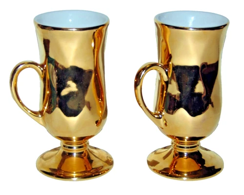 Hall China Footed 22k Gold Irish Coffee Mug #1270 Made in USA Set of 2 Vintage