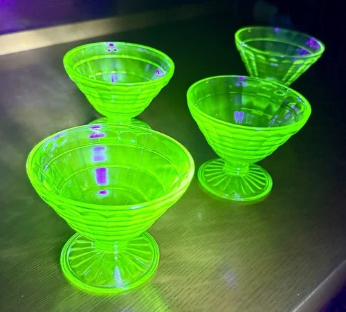 Vtg Uranium Green Depression Sherbet Block Optic Bowls Anchor Hocking Lot of 4