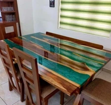 Green Epoxy Resin Dining Table Top Acacia Wooden Live Edge Walnut Furniture Deco