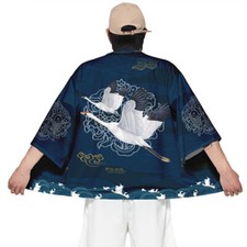 Men Loose 3/4 Sleeve Kimono Crane Print Tops Blouse Shirt Oriental Style