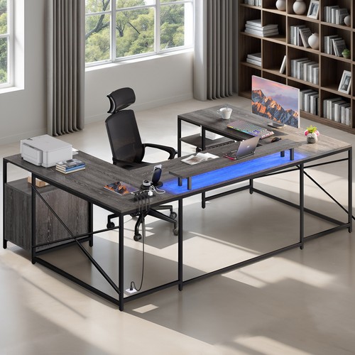 79" L U Shaped Reversible Office Computer Desk Drawers Shelves Power Outlets LED - Picture 2 of 12