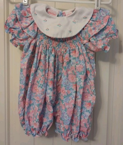 VTG Bubble Suit 3T Floral Smock Embroidery Ruffle Puff Shoulder Peter Pan Collar