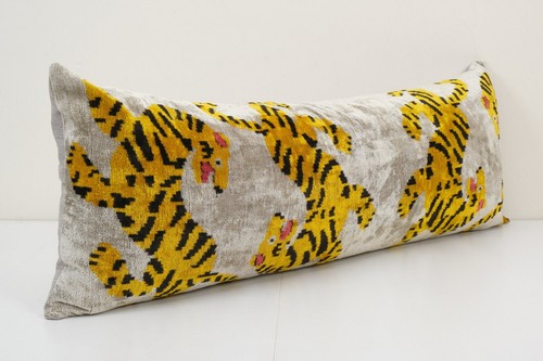 Tiger Ikat Velvet Bedding Pillow, Silk Lumbar Cushion Cover - Picture 3 of 4