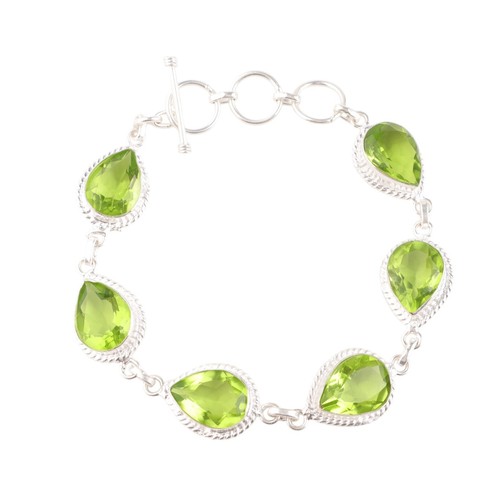 Faceted Peridot Gemstone 925 Stamped Silver Handmade Jewelry Statement Bracelet - Picture 4 of 8