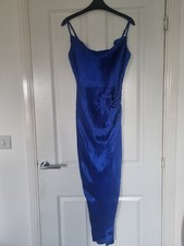 SLINKY SATIN STYLE ROYAL BLUE WRAP TULIP HEM STRAPPY MIDI PARTY EVENING DRESS M