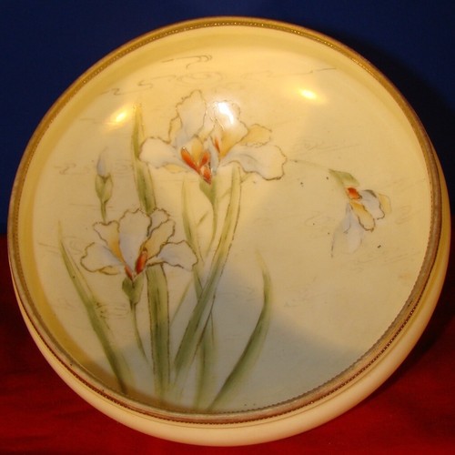 Antica ciotola fiori iris in porcellana dipinta a mano con bordo oro marcata NIPPON - Foto 1 di 9