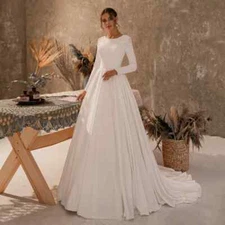 Elegant Wedding Dresses Round Neck Long Sleeves Beading Pearls Buttons A Line 