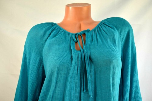 IZ BYER (S) Blouse Linen Look Crochet Back Tie Front Neck Smocked CERULEAN BLUE - Picture 3 of 10
