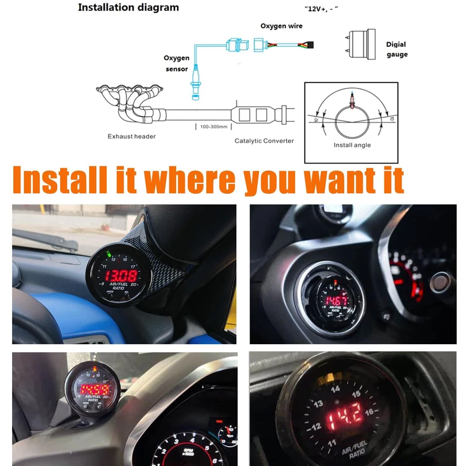 Kit medidor relación combustible aire 52mm Pantalla LED Digital 12V Banda Ancha O2 Sensor Kit Foto 4 de 4