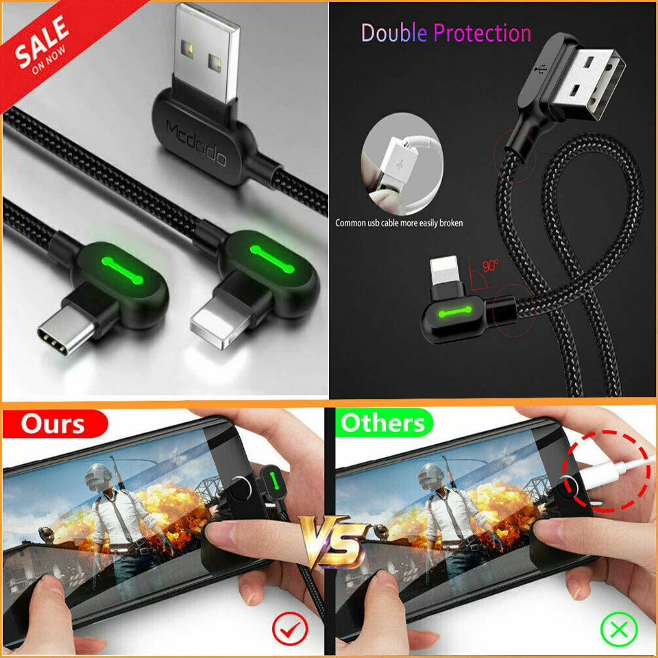 MCDODO 90 Degree Elbow LED Fast Charging Data Sync Cable for Type C, iPhone/iPad - Image 2 of 4