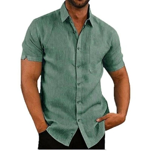 Mens Cotton Linen Plain Shirts Tops Summer Short Sleeve Casual T Shirt Blouse - Picture 25 of 35
