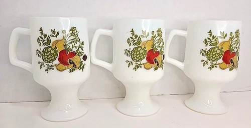 (3)Corning Ware Spice of Life Milk Glass 10 oz. Pedestal Coffee Mugs Vintage 