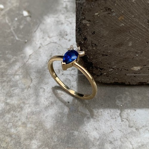 Gift For Her 14k Gold Sapphire Diamond Thin Promise Wedding Engagement Ring - Picture 3 of 4