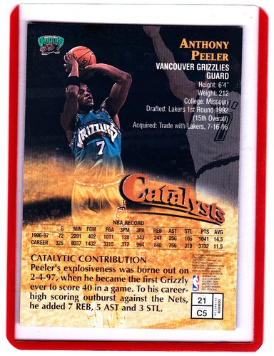 1997-98 Topps Finest Catalysts Refractor Anthony Peeler #21 (con cáscara) - Grizzlies - Imagen 3 de 3