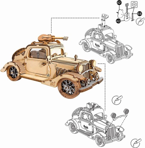 ROKR Oldtimer-3D-Holzpuzzle zum Selbermachen Modellbausätze Bastelgeschenk - Bild 6 von 9