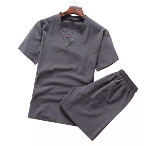 Herren Shorts Baumwolle Leinen Sommer Set 2er Set Kurzarm T-Shirt und Hose - Bild 3 von 30