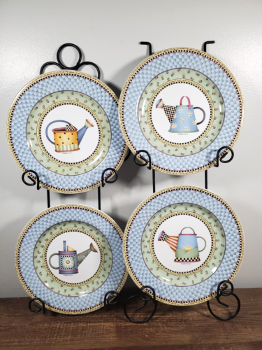 Sakura Debbie Mumm Garden Watering Can X4 Dessert Salad Plates 8" Wall Hanger