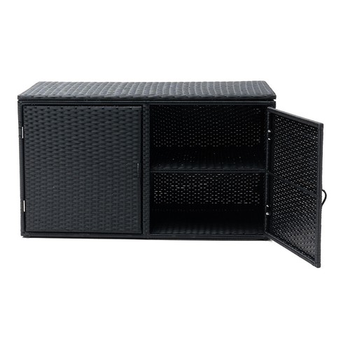 Black Resin Woven Storage Basket Bin 2-Tier Dual Opening Lid & Magnetic Door Box - Picture 22 of 23