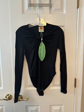 NWT 115 Farm Rio Women's Long Sleeve Stretch Bodysuit Black Twist Neck XS