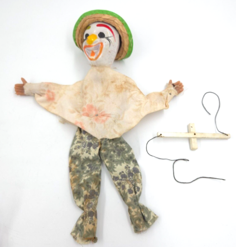 Vintage 1970s Clown Wooden String Puppet Marionette Toy 13" STRAW HAT READ DESCR