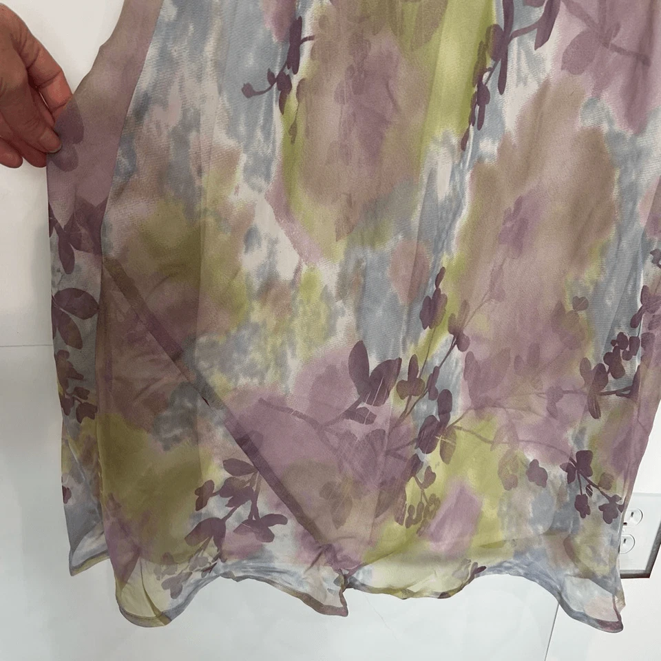 Vestido Mica Midi Etéreo 6 Azul Púrpura Sin Mangas Floral Gasa Transparente Superposición Foto 3 de 4