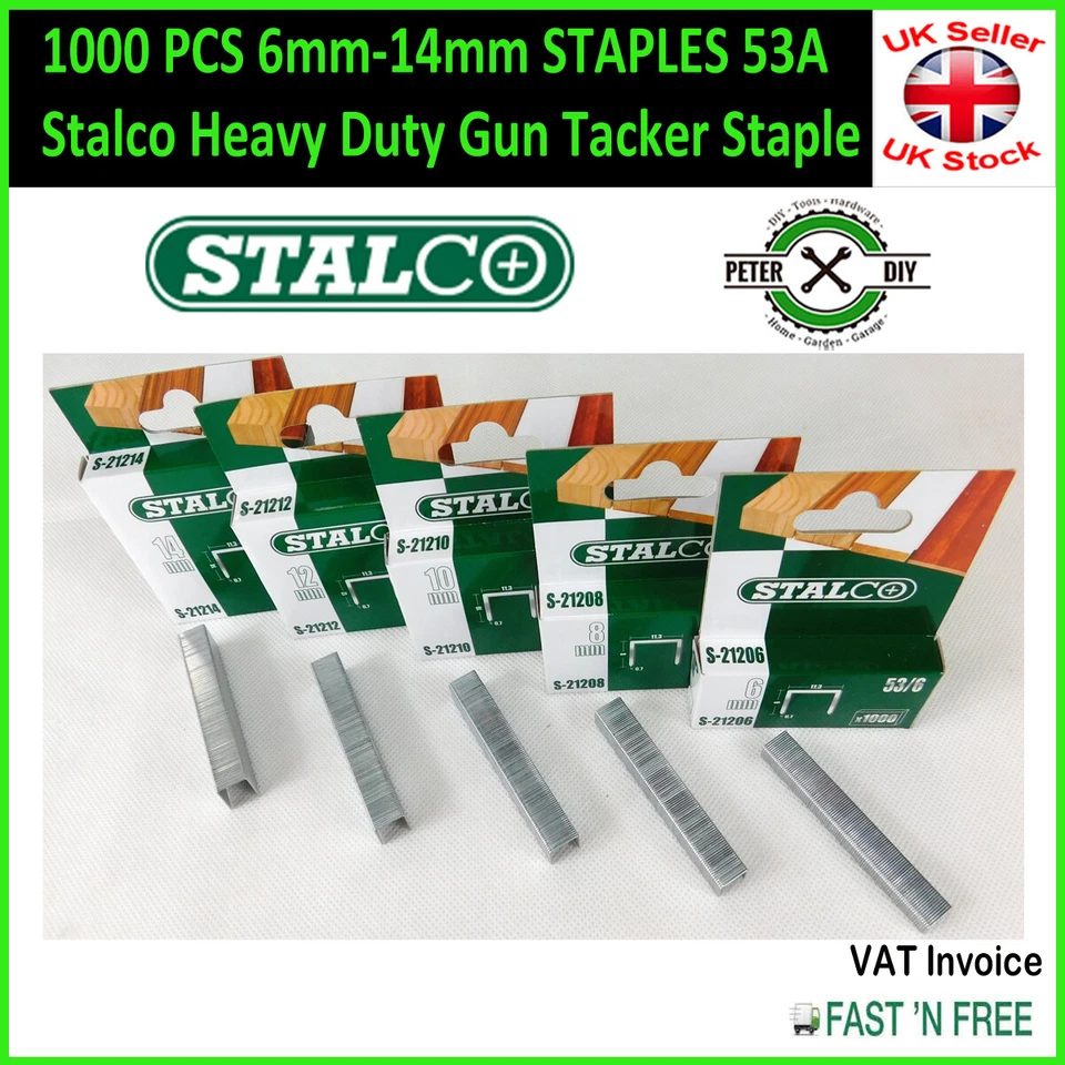 1000 STCK. 6 mm-14 mm HEFTKLAMMERN 53A Stalco Schwerlast Pistole Tacker Heftklammer - Bild 1 von 1