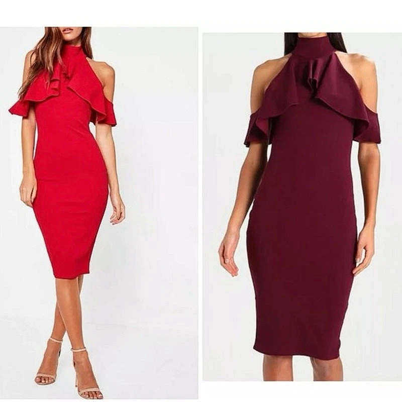 Vestido sin mangas Missguided azul halter cuello falso volantes midi ceñido al cuerpo talla S Foto 4 de 4