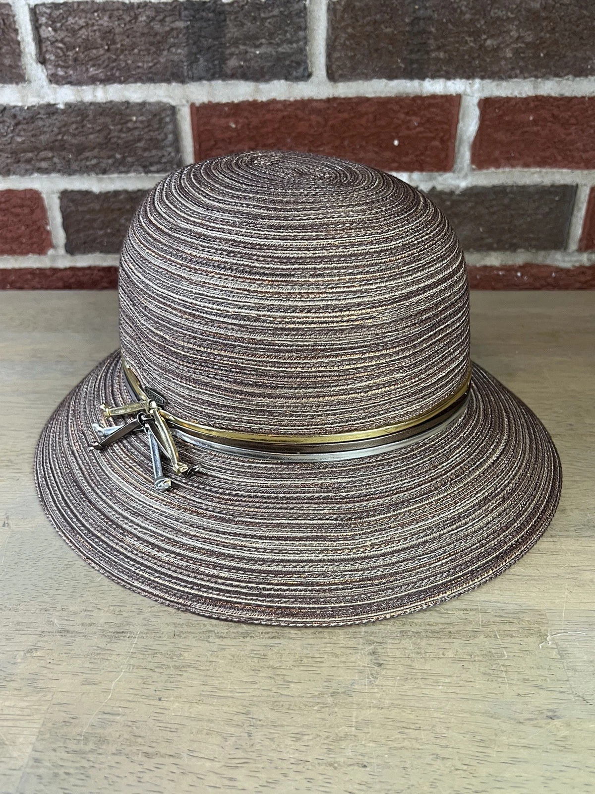 Scala Collezione Sun Hat Womens One Size Brown Downslopping Brim Metallic Bands