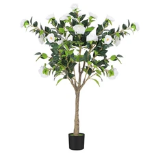 4FT Artificial Camellia Tree Fake Plant w/White Flowers for Indoor Outdoor Decor