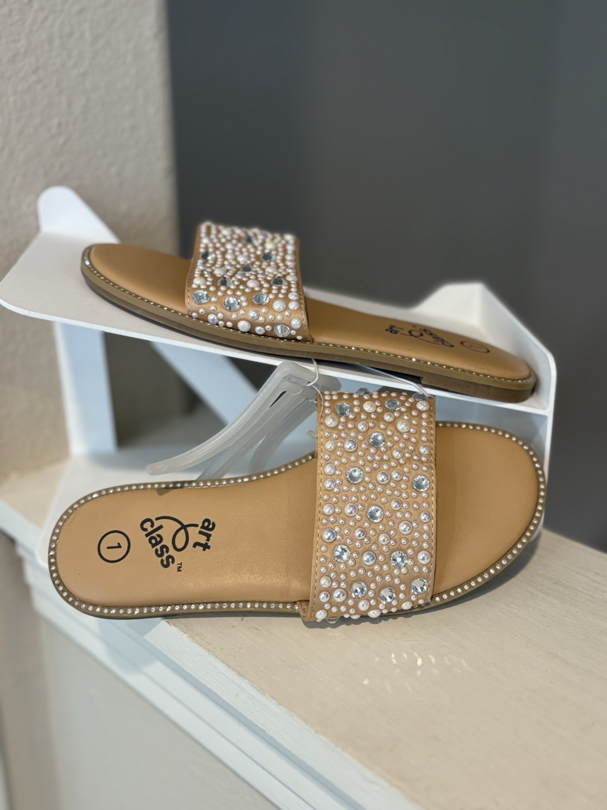 Kids' Heather Embellished Slide Sandals - Art Class Tan Youth Size 1Y NEW