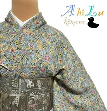 Kimono Small Pattern Gray Yellow Lining Used Size 153cm Japan
