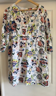 Boden Dress Womens 8R White Multi Floral 100% Linen 3/4 Sleeve Mini Shift WW194
