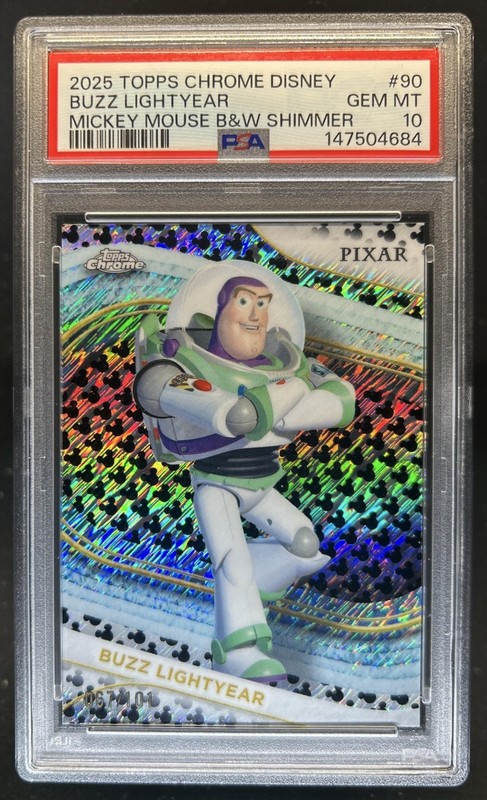 2025 Topps Chrome Disney Buzz Lightyear Mickey B&W Shimmer #/101 PSA 10