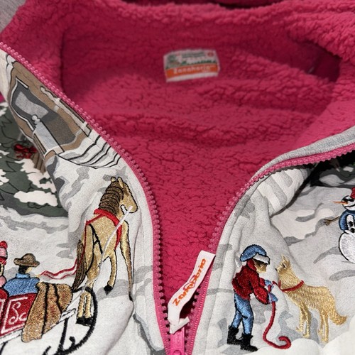 Vintage Zanaharia Pink Winter Scene Kids zip up Hoodie, embroidered, plush, Sz 8 - Picture 6 of 13