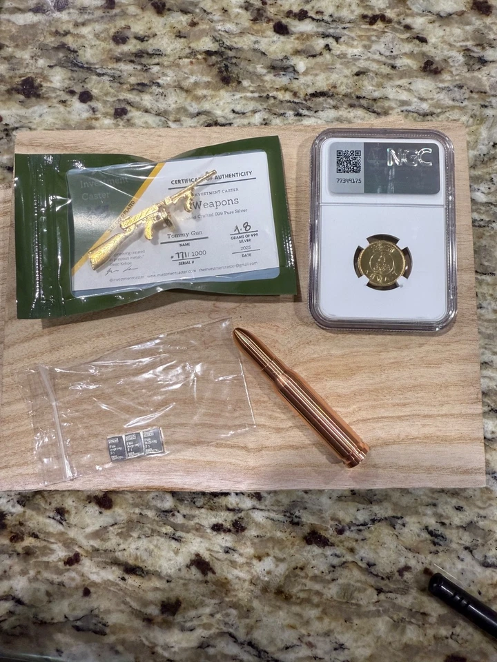 NGC 1997 Kuwait coin 10F, tommy gun silver 24K gold plated, valcambi 3G, 2oz Cu - Image 2 of 3