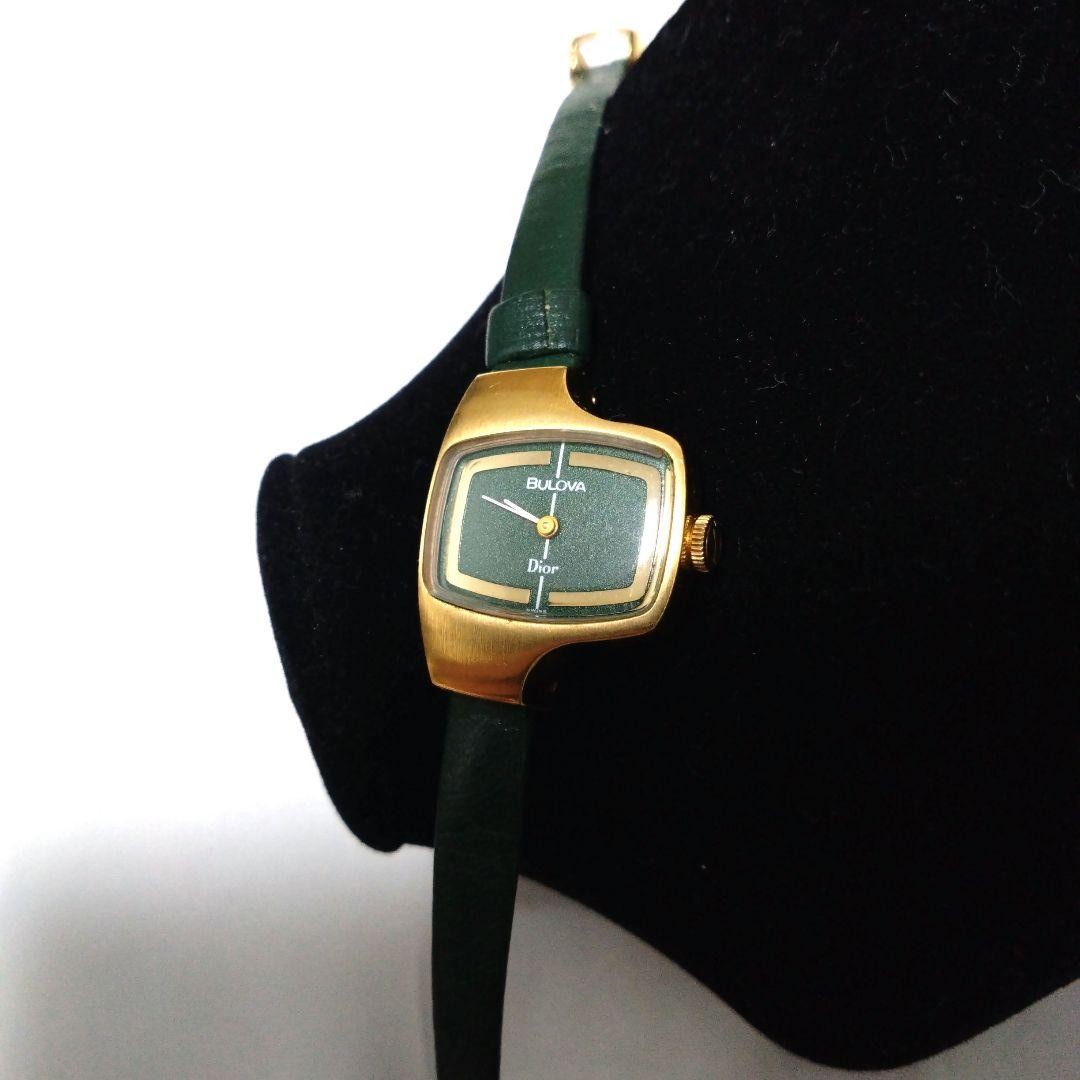 Christian Dior × BULOVA 腕時計 稼働品 ヴィンテージ Rare Dior Bulova Manual Wind Watch Green Dial 2.3x2.8cm Collector