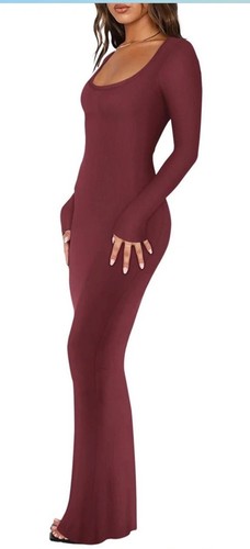 Kikimink Women’s Wine Red Ribbed Long Sleeve Square Neck Bodycon Maxi Dress Sz M - Picture 2 of 12