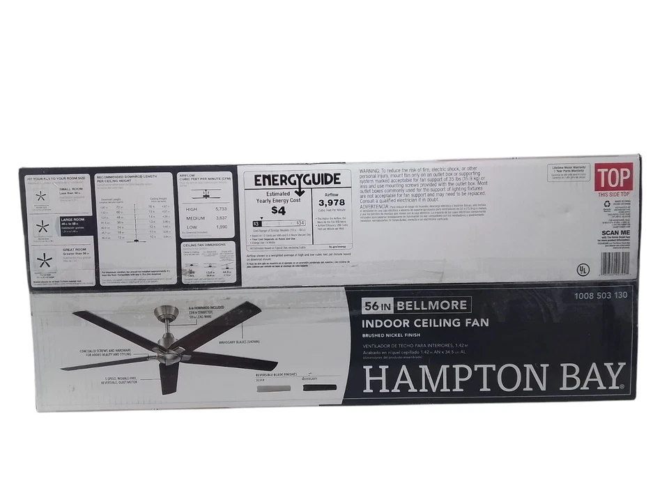 Hampton Bay EFG8195L-2 Bellmore 56" Indoor Brushed Nickel Ceiling Fan +Remote OB - Image 3 of 4