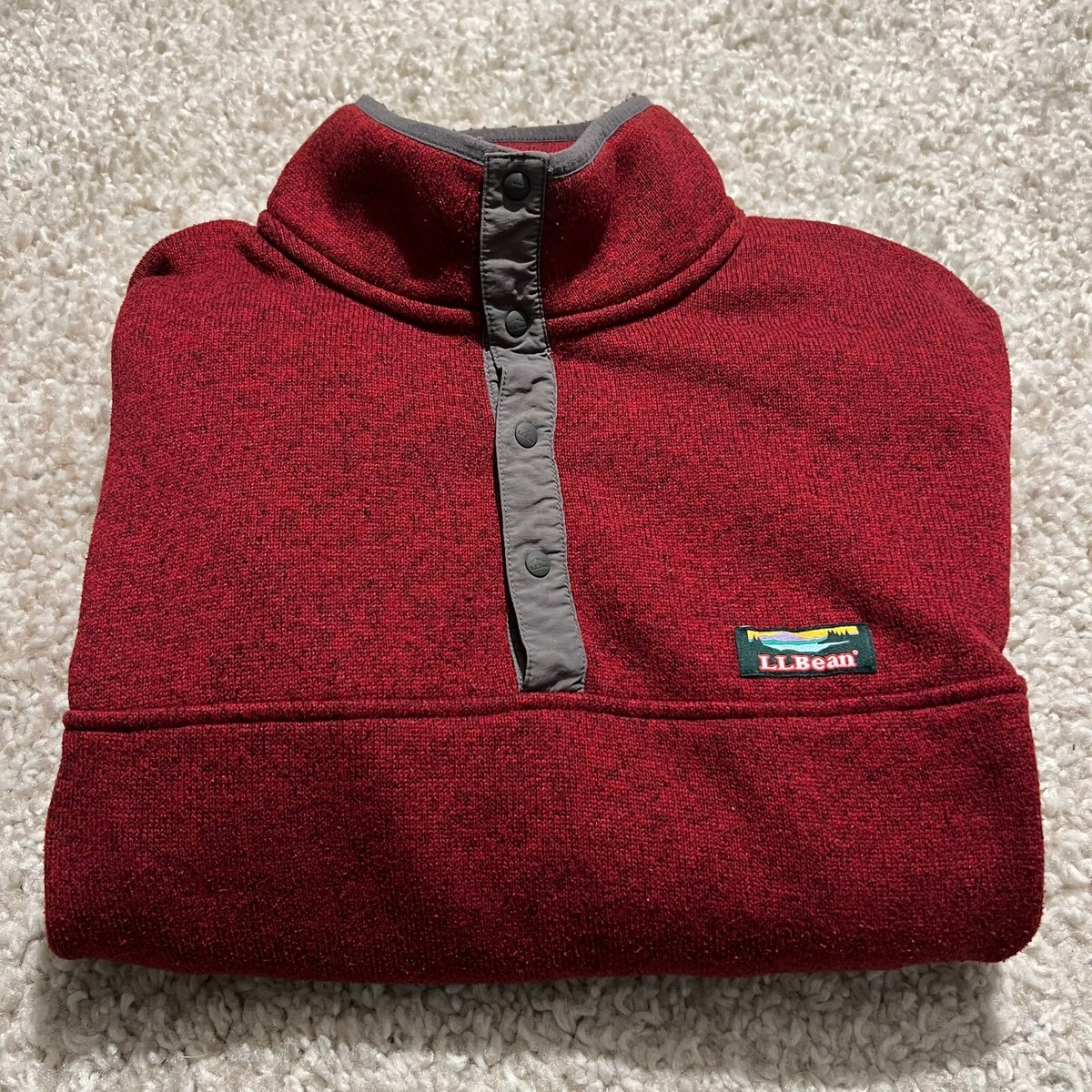 LL Bean Sweater Mens Medium Red Heather Snap-T Fleece Pullover Knit  Sweatshirt
