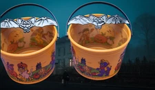 2-Vtg McDonalds 2001 Halloween Pumpkin Pail Bucket Happy Meal Plastic Bat  -