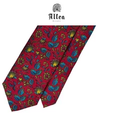 Altea Milano Red Tie-Blue Green Yellow Flowers Leaves Floral Pattern Silk Italy