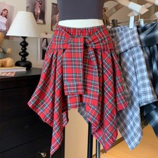 Women Fake Two-piece Plaid Shirt Irregular A-line Skirt High-waisted Skirt Sweet