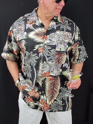 Hawaiian Aloha Shirt O'lico Black Palm Tree Cars Polyester Shirt Men's L H51