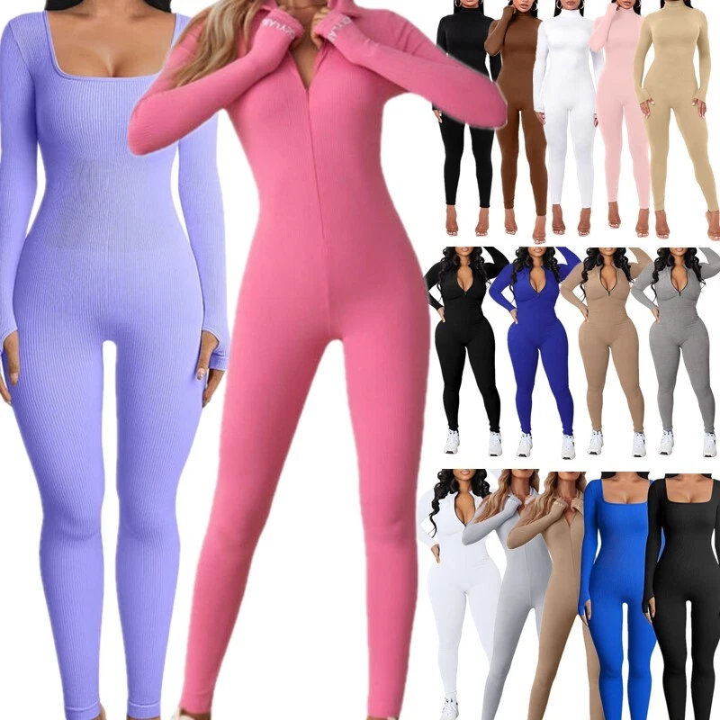 Women Long Sleeve Bodycon Full Length Jumpsuits Bodysuit Rompers Sports  Clubwear