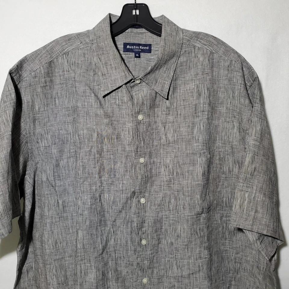 Camisa Austin Reed Hombre Extra Grande 100% Lino Viajeros Manga Corta Gris Rayas Foto 2 de 4